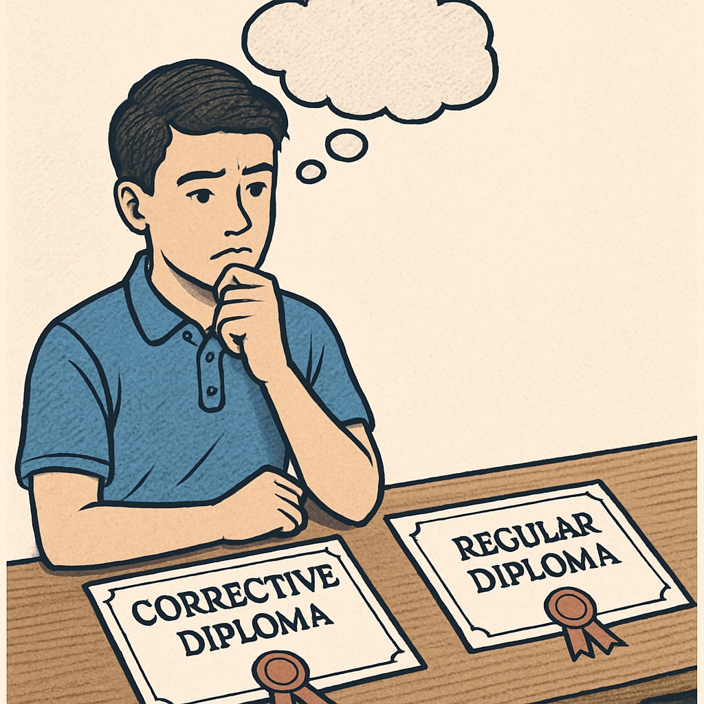 A symbolic image of a student looking at two diploma options, representing a choice between corrective and regular diplomas. A student choosing between corrective and regular diplomas.