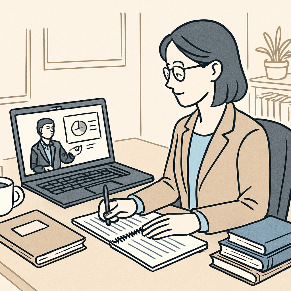A professional attending an online class while working from home, symbolizing the balance between career and education. A mid-career professional balancing work and higher education through online learning.