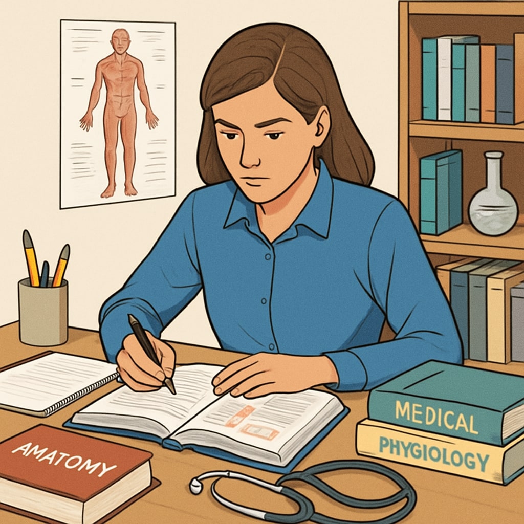 A young woman studying medical textbooks, symbolizing perseverance and determination despite challenges in education. A student studying medical textbooks to overcome barriers in education.