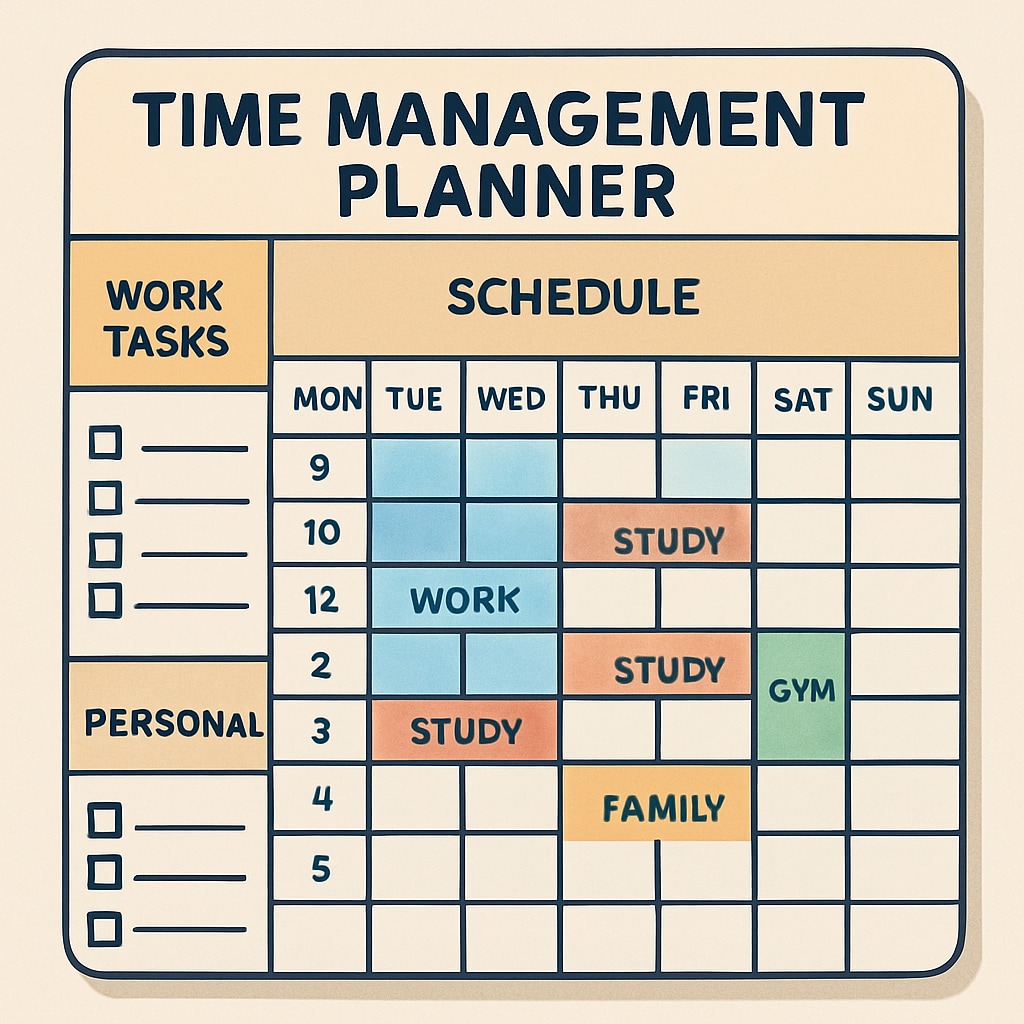 A time management planner showing work tasks, study schedules, and personal commitments for a busy professional. A planner illustrating how professionals manage career, education, and personal life.