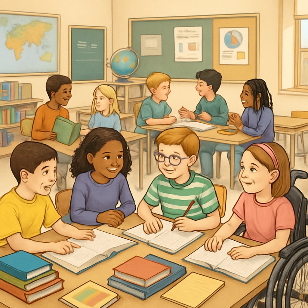 A classroom setting showing students with diverse learning needs working collaboratively, highlighting inclusivity. A classroom with students of varying abilities working together.