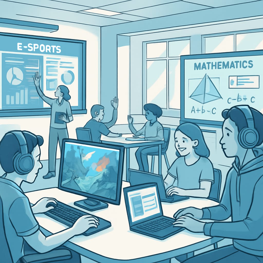 Gamified learning environment with students playing and learning through esports tools.