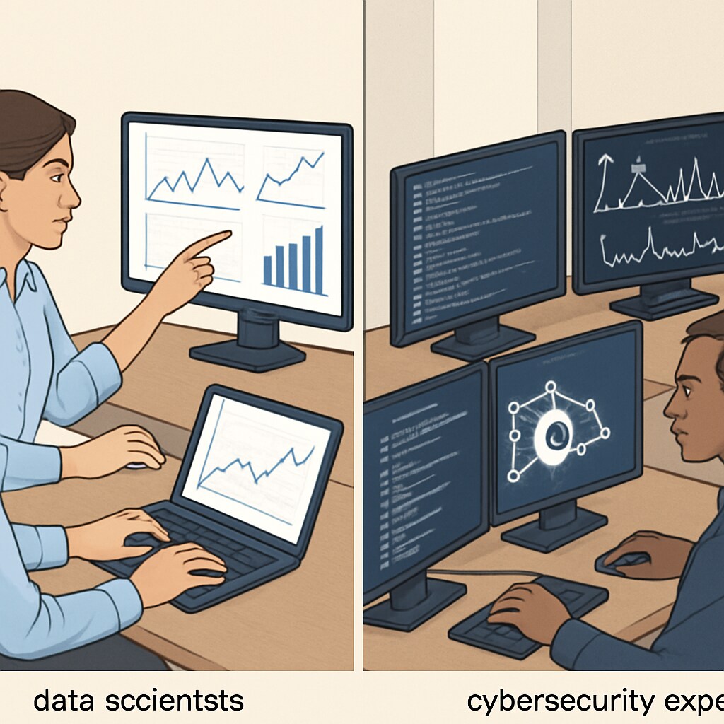 Professionals analyzing graphs (data scientists) and monitoring network traffic (cybersecurity experts). Image showing cybersecurity and data science professionals working on technical tasks.