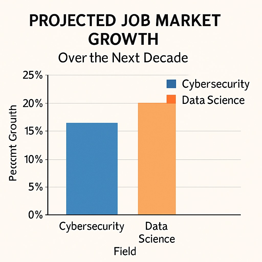 Comparison chart showing job market growth in cybersecurity and data science over the next decade. Chart illustrating the job outlook for cybersecurity and data science fields.