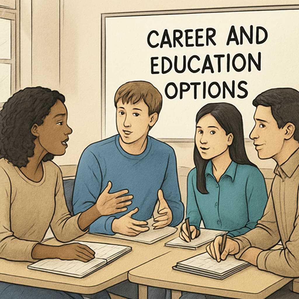 A diverse group of students discussing pathways to return to education and enhance qualifications.
