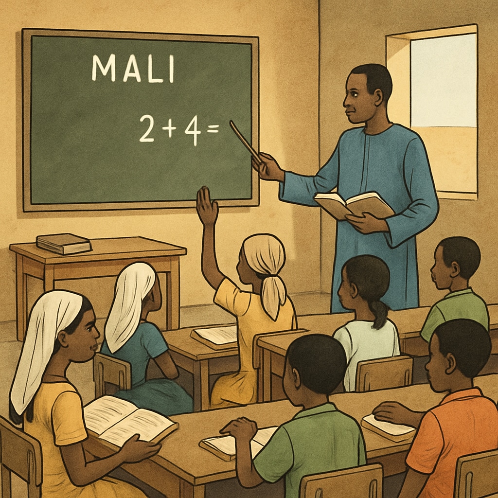 A classroom in Mali with students engaging in a lesson, emphasizing resource disparity in education. A classroom in Mali showcasing the challenges of resource disparity in K12 education.