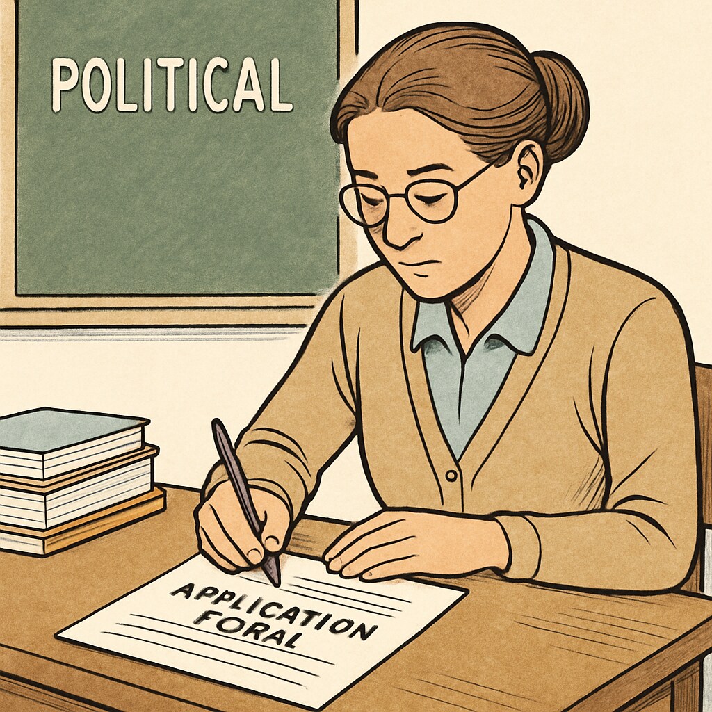 A teacher filling out an application form, symbolizing the screening process for political stance. Political stance test for teachers in Oklahoma application process.