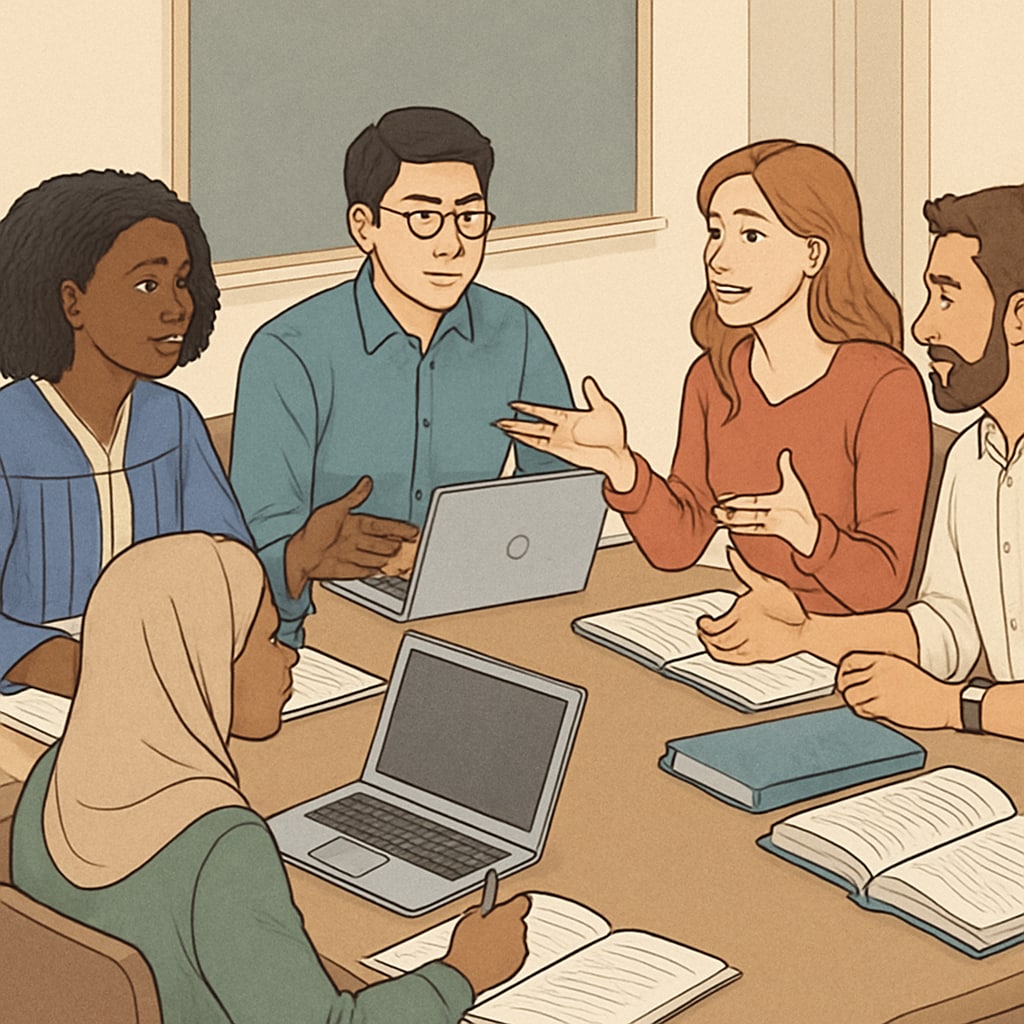 A diverse group of graduate students engaging in a classroom discussion, highlighting the networking opportunities in advanced education. Graduate students networking and collaborating in an academic environment.