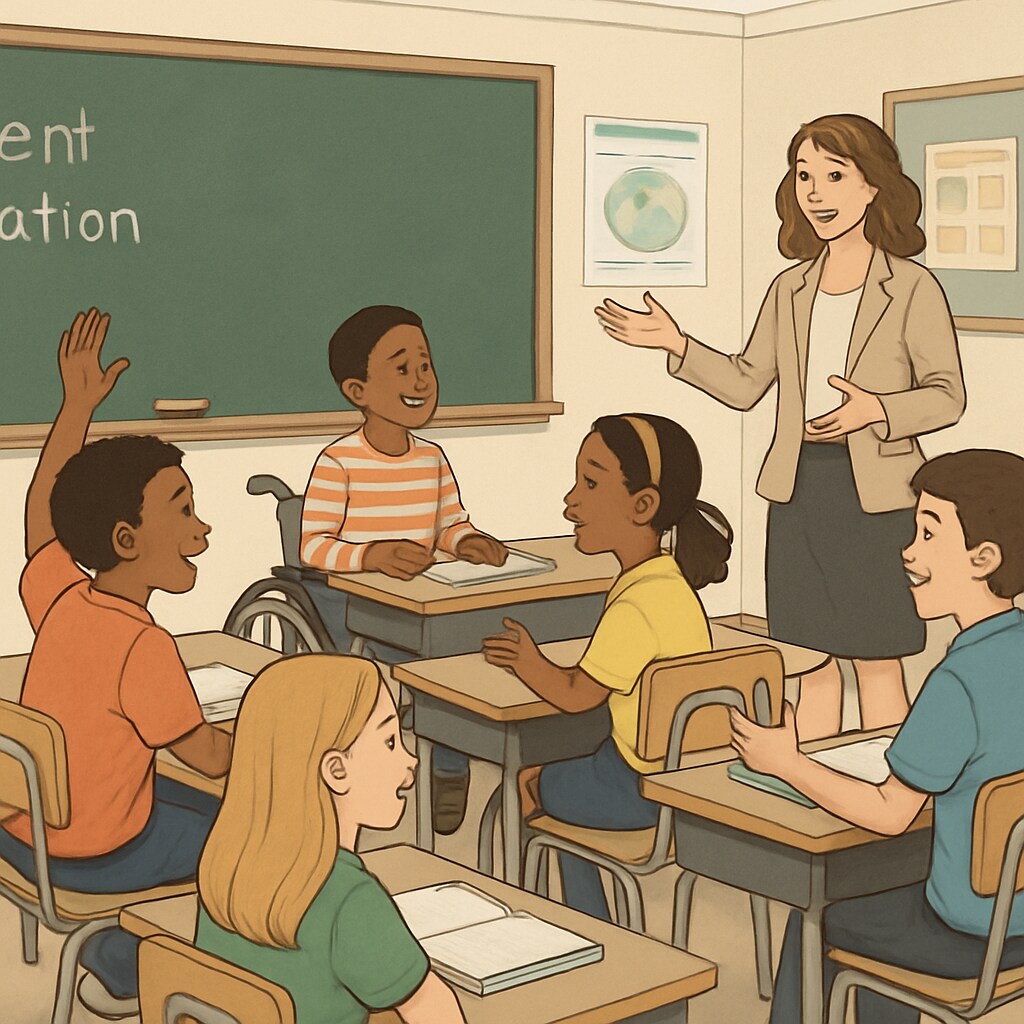 A classroom with diverse students and a teacher engaging in discussion, symbolizing inclusivity in education. Diverse classroom discussing inclusivity and education policy in Oklahoma.