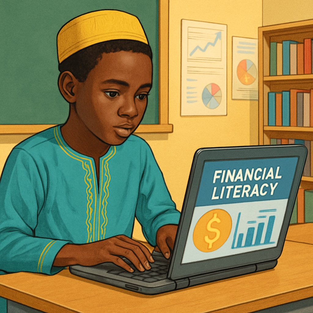 A young Malian student using a laptop for an online financial literacy course. A Malian student using technology to access financial literacy resources.