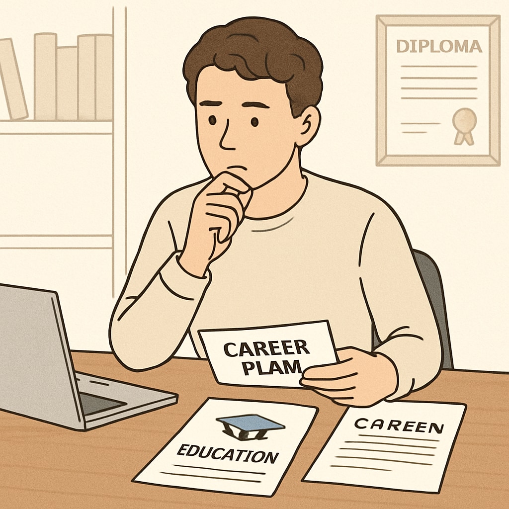 A photograph of a young adult sitting at a desk, looking thoughtful and reviewing documents related to education and career planning. Young adult reflecting on educational and career options after graduating with a modified high school diploma.