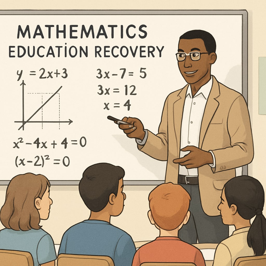 An instructor guiding students through a math problem on a whiteboard, highlighting the importance of mathematics in education recovery. A teacher helping students with a math problem, emphasizing the significance of mathematics in bridging education gaps.