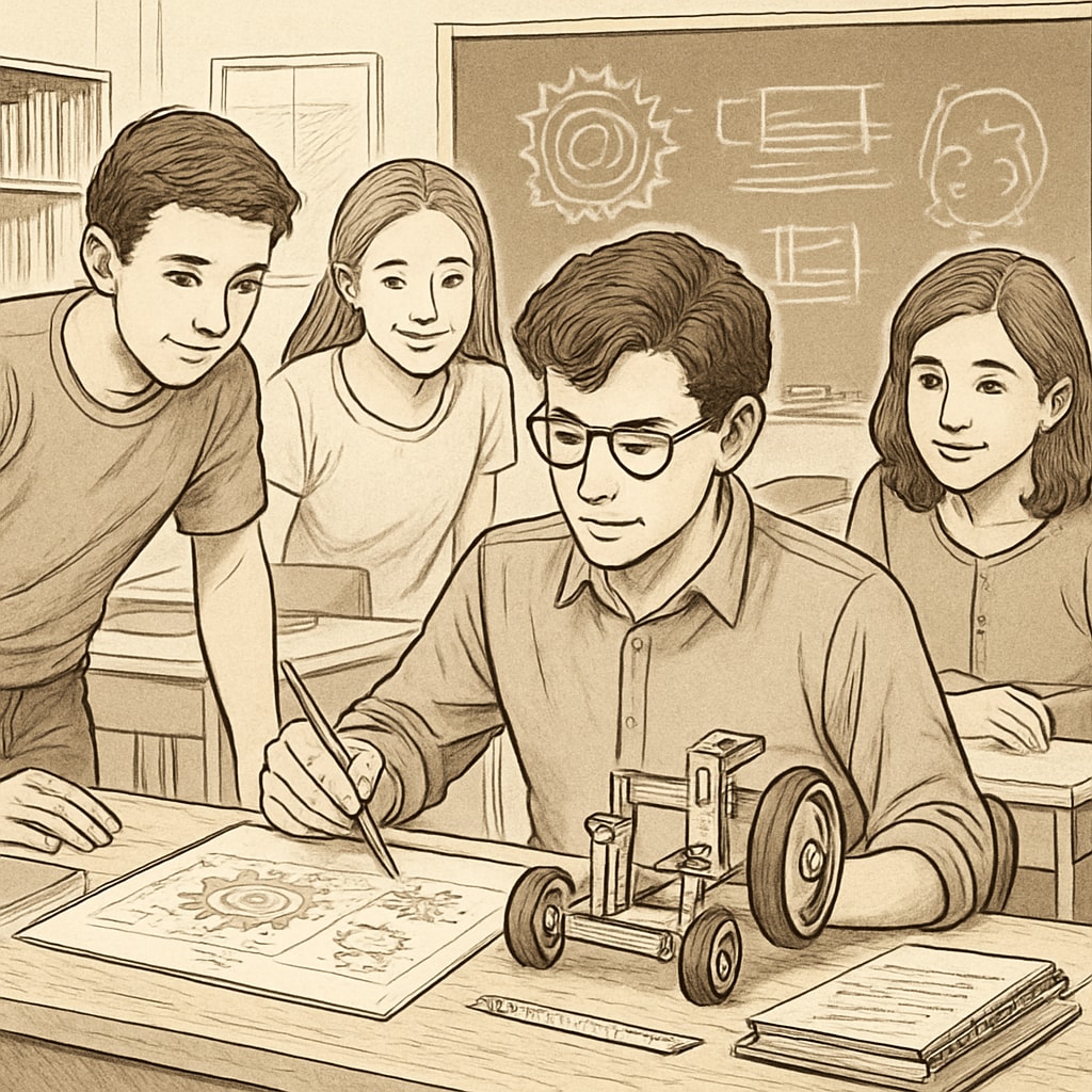 A student working on an engineering project while tutoring peers in a classroom. A student multitasking between an engineering project and tutoring classmates in a classroom setting.
