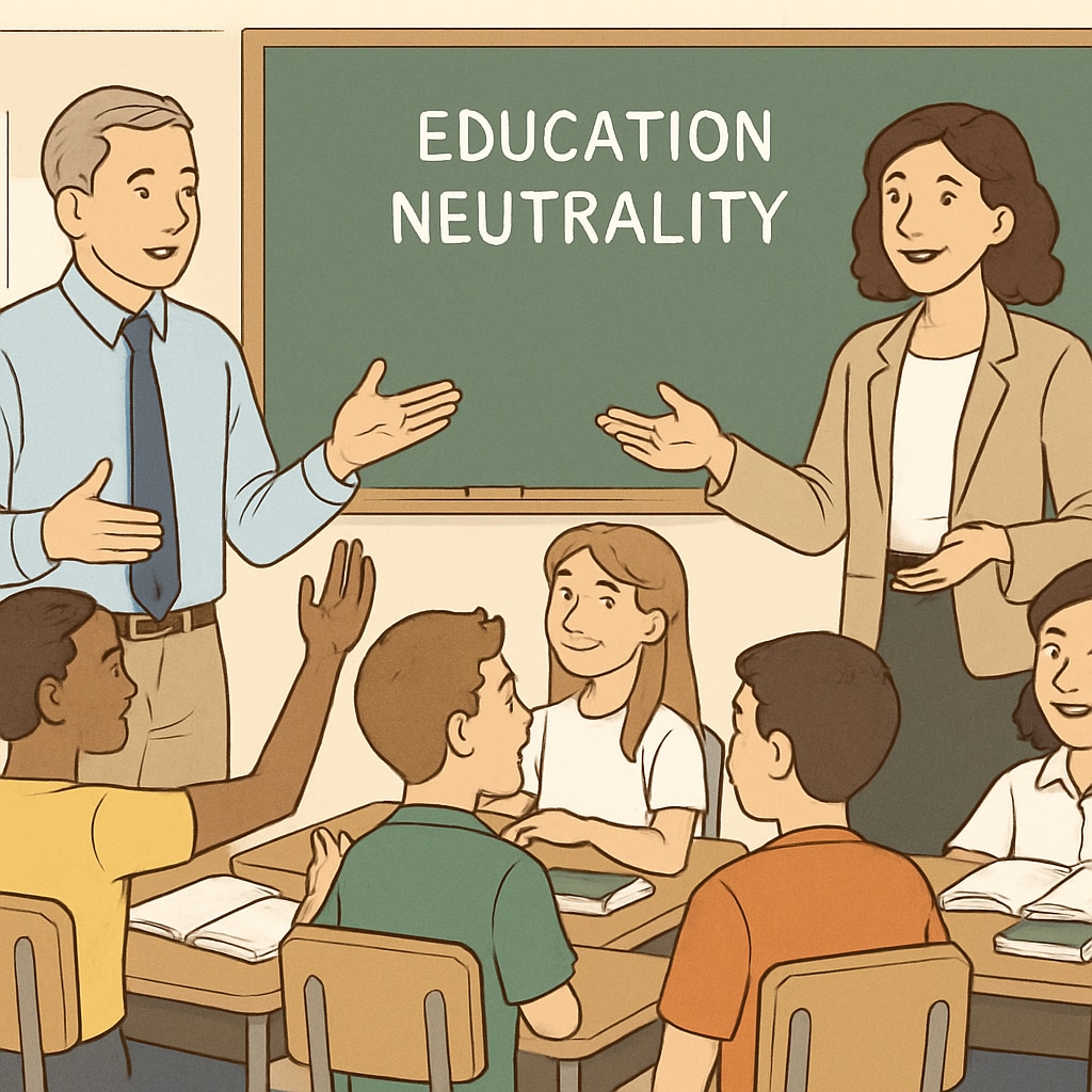 A classroom setting with teachers and students engaged in discussion, symbolizing education neutrality. Teachers and students in a classroom, representing education neutrality and diverse perspectives.