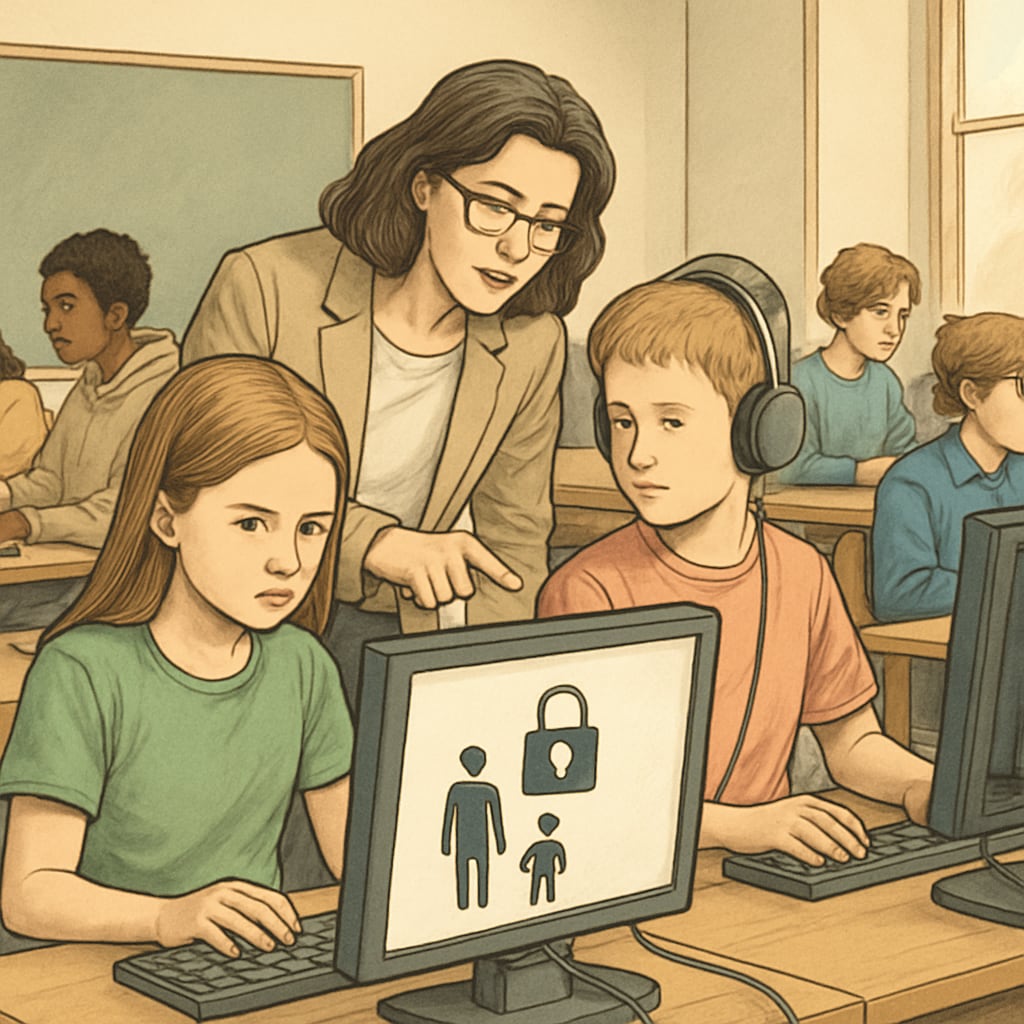 Students navigating age verification laws on computers in a classroom setting.