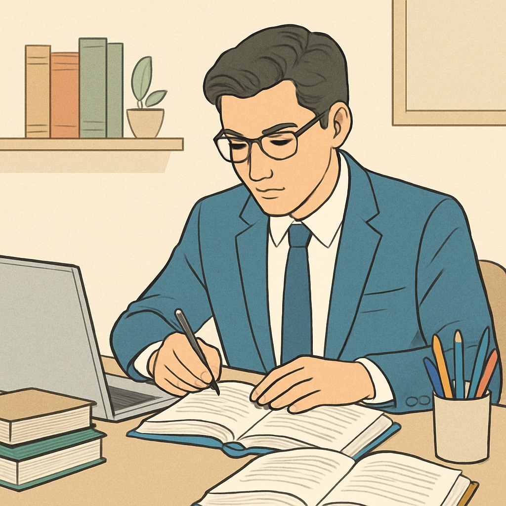 A professional balancing work and education with a laptop and books.