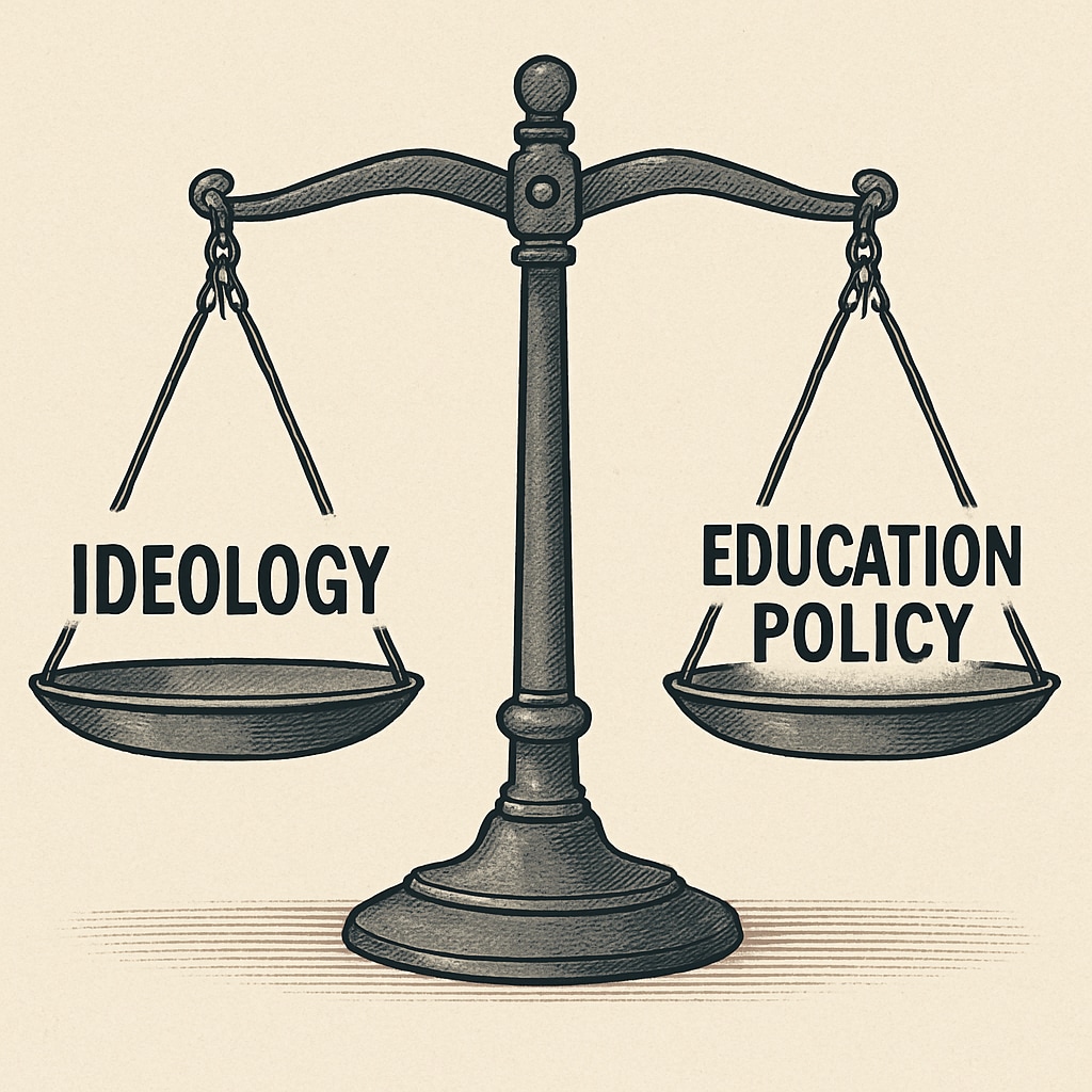 A scale balancing ideology on one side and education policy on the other, symbolizing the debate over political tests. A scale weighing political ideology against education policies, symbolizing the debate.