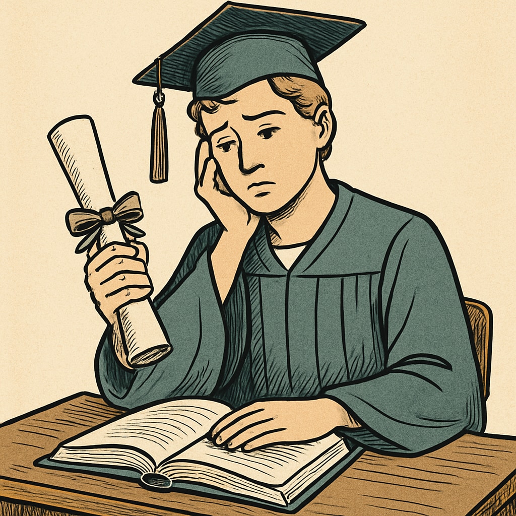 A student sitting at a desk with a diploma in hand, looking reflective, symbolizing the emotional impact of diploma decisions. A student holding a diploma, contemplating academic challenges and opportunities.