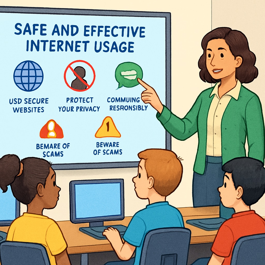 Teacher helping students understand internet safety and age verification processes.