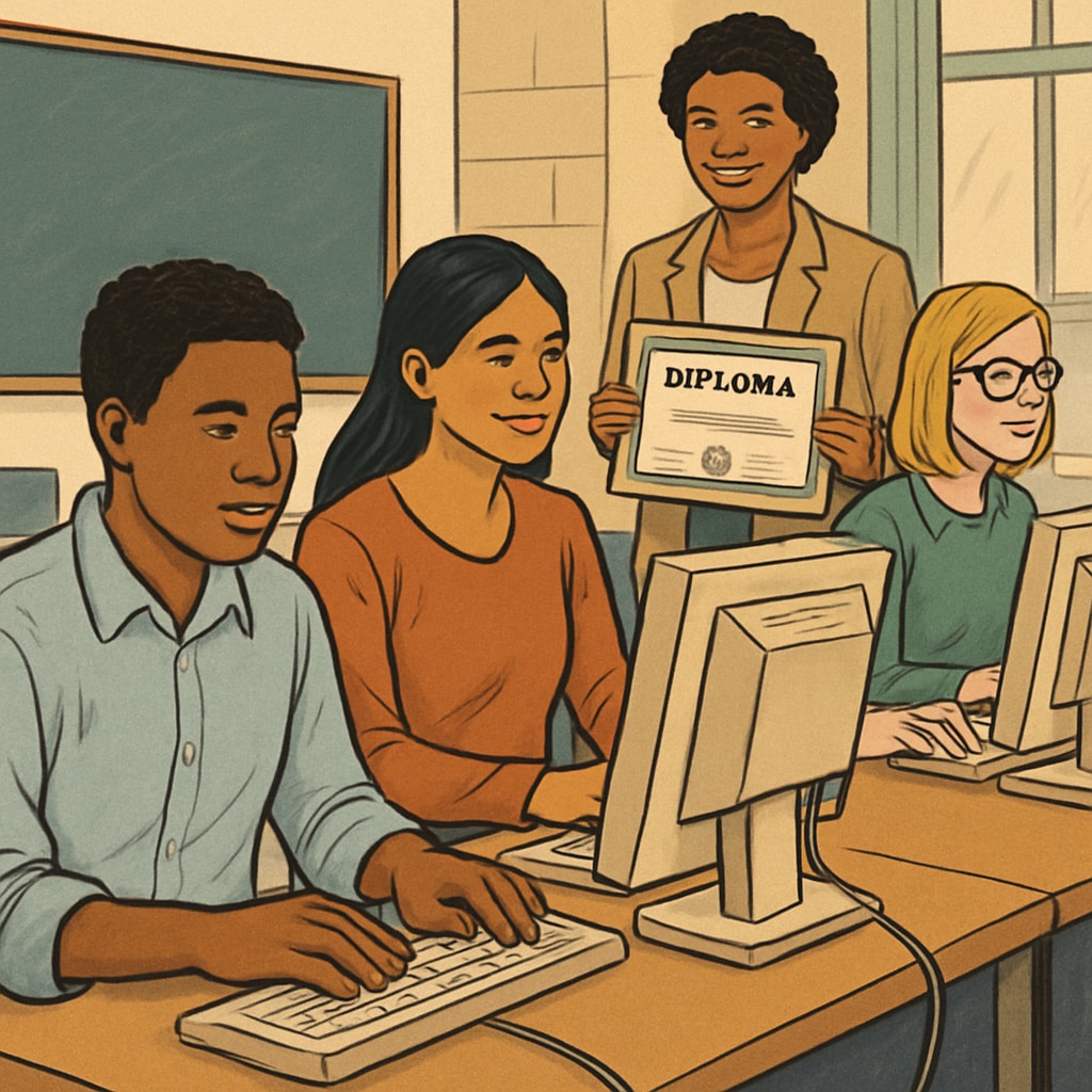 A classroom with students working on computers, representing academic growth and opportunity for modified diploma holders transitioning to new paths. Students in a classroom engaging with technology, symbolizing educational progress and opportunities for growth.