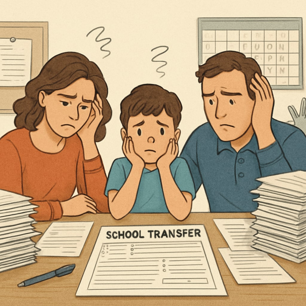 Illustration showing a frustrated family navigating complex school transfer paperwork, emphasizing the challenges of administrative interference. Family struggling with school transfer paperwork, highlighting barriers in educational equity.