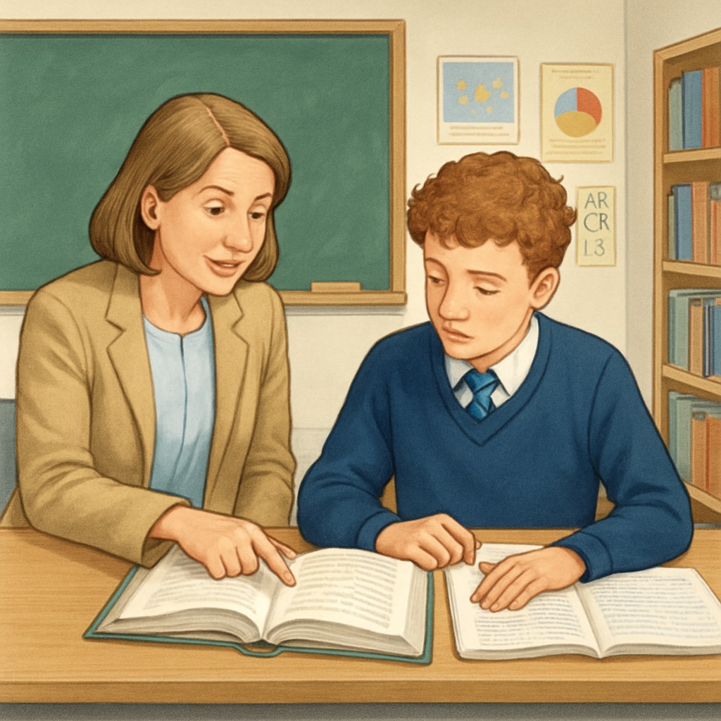 A supportive teacher helping a student catch up on missed lessons in a UK classroom. Teacher aiding a student in catching up on interrupted education in a UK school setting.