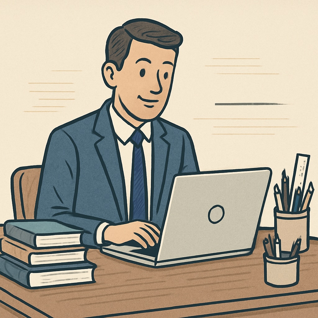 A professional sitting in front of a laptop surrounded by books, representing the balance between work and study. Balancing work and study — a professional surrounded by books and a laptop.