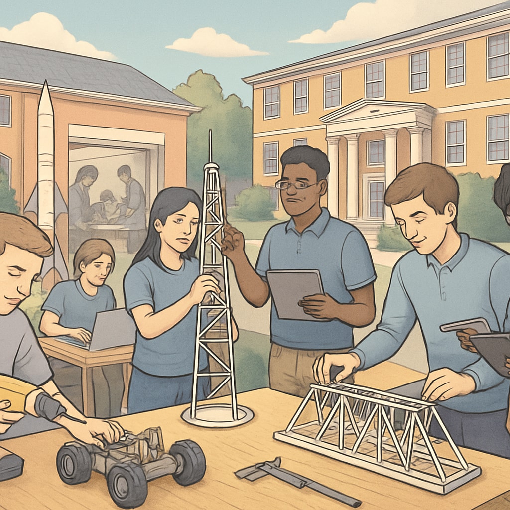 A university campus with students engaged in both engineering design projects and educational workshops. University campus showcasing engineering projects and educational workshops.