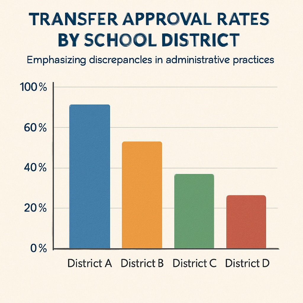 Chart comparing transfer approval rates across different school districts, visually emphasizing discrepancies in administrative practices. Chart of school district transfer approval rates, illustrating administrative interference.