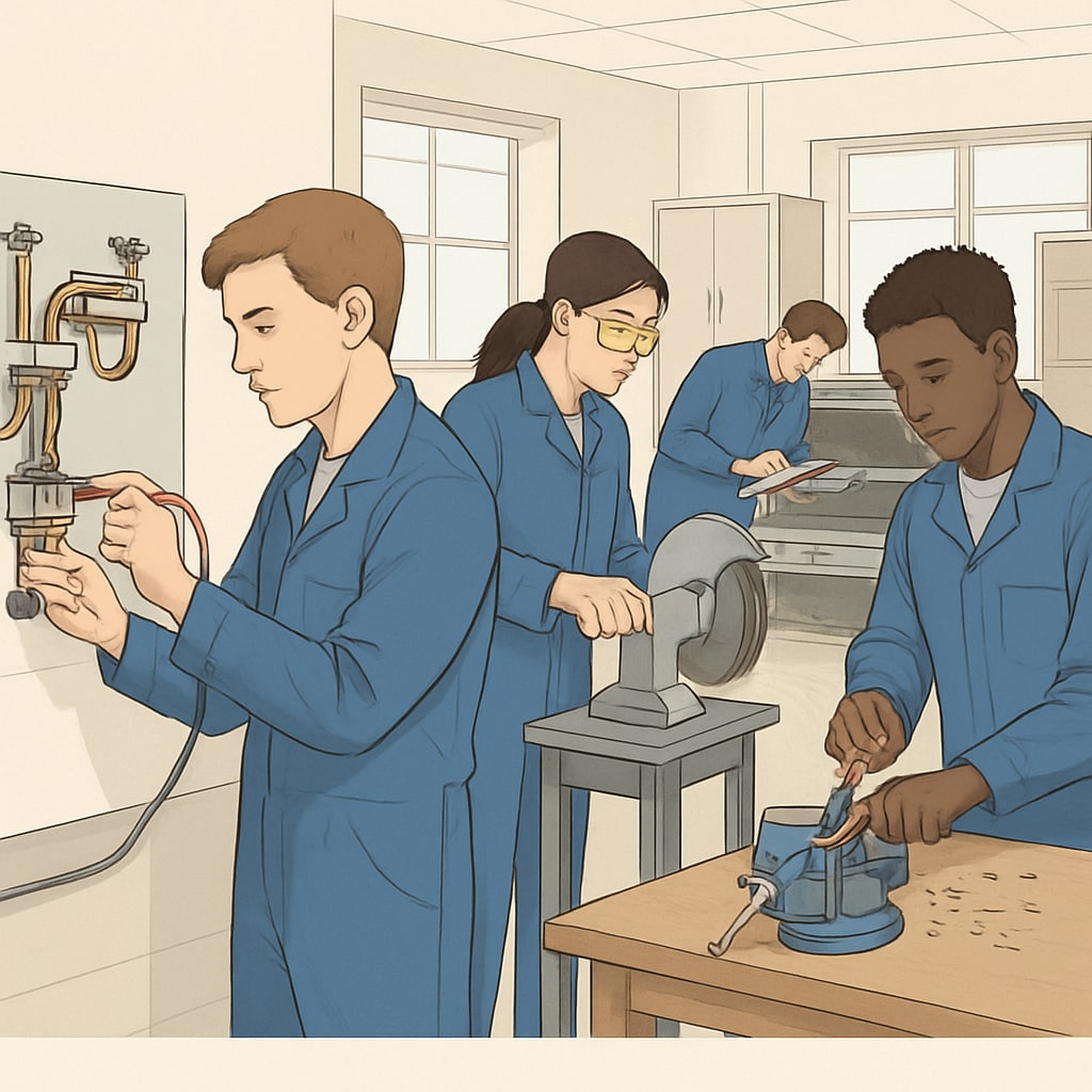 A group of UK students participating in vocational training, learning practical skills. UK students in vocational training as an alternative education pathway.