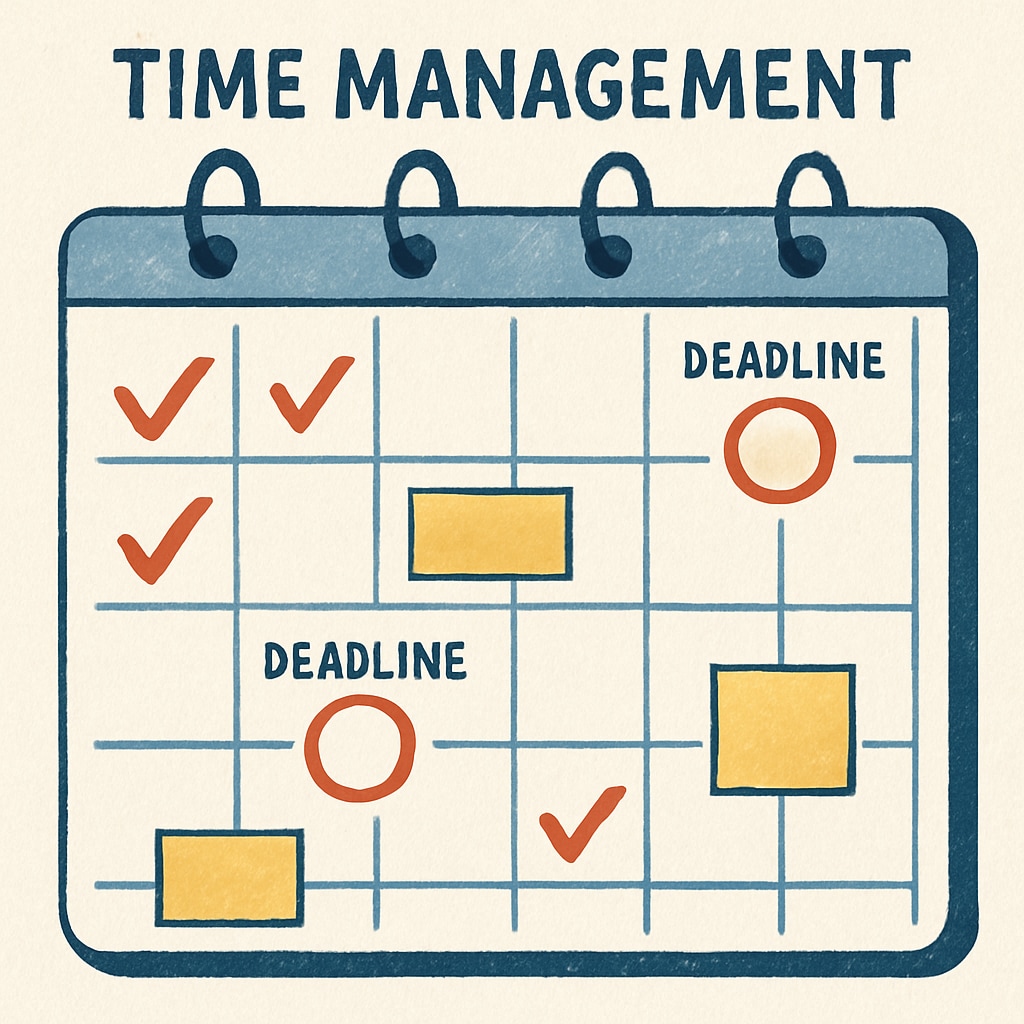 A calendar with marked deadlines and tasks, symbolizing organized time management. Organized time management — a calendar with deadlines and tasks.