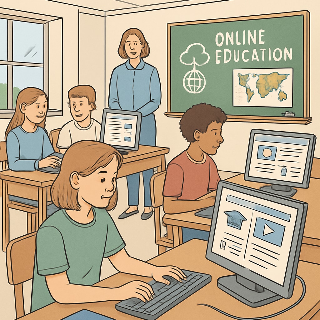 A classroom with students using computers to access online educational resources. This image highlights the reliance on internet access for K12 education. Students in a classroom using computers for educational purposes, illustrating age verification laws' impact.