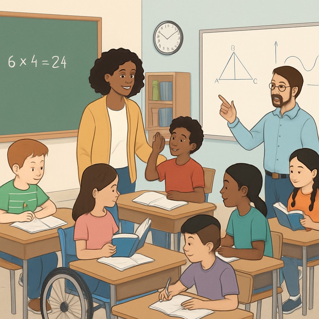 A classroom setting featuring diverse teachers and students engaged in active learning. Teachers and students in a classroom, representing diversity and education neutrality.