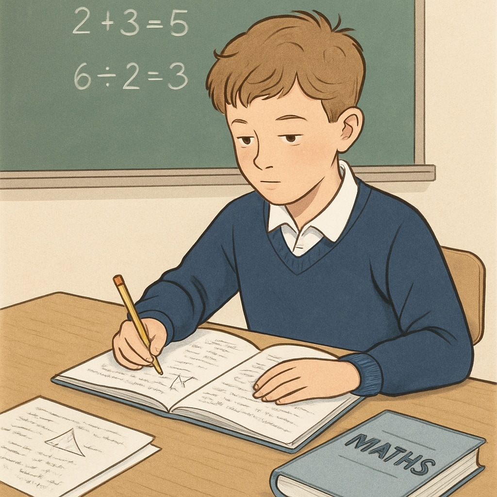 A young student in the UK, sitting at a desk with math textbooks and notes, working hard to regain their education after a family-related interruption. UK student working on math courses after an educational interruption
