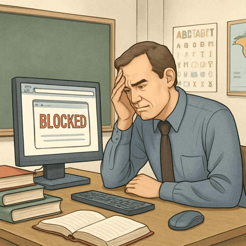 A frustrated teacher looking at a blocked webpage during a classroom lesson. This image emphasizes the challenges educators face due to internet restrictions. Teacher facing difficulties with blocked content during a classroom session, showcasing the impact of content restrictions.