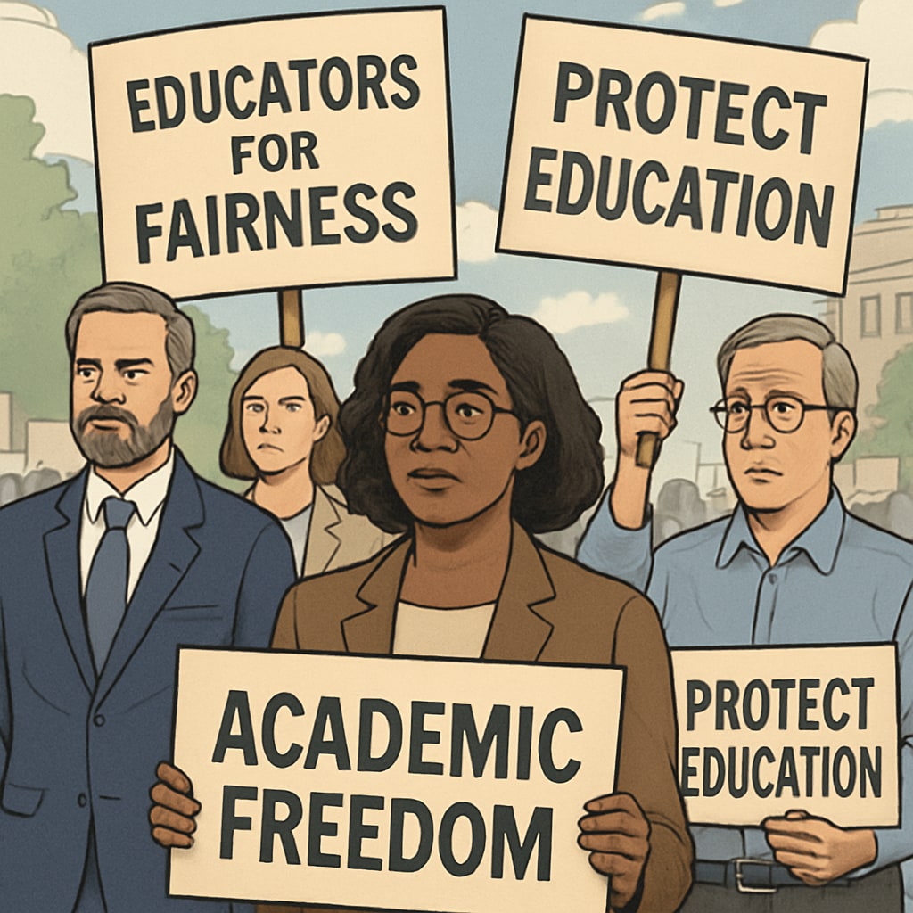 A protest scene with educators holding signs advocating for academic freedom and education neutrality. Educators protesting policies perceived to limit academic freedom and education neutrality.