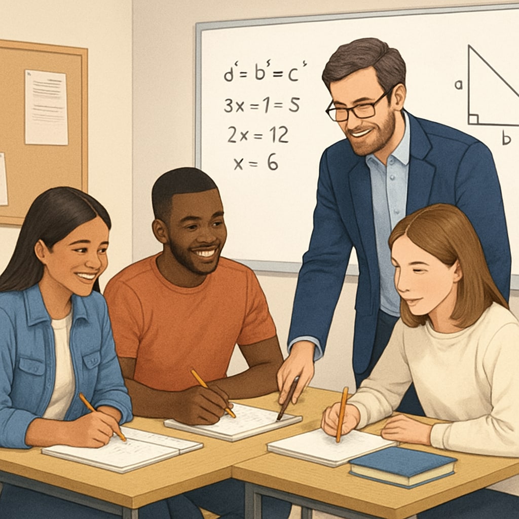 An adult learning center in the UK where young people are engaged in small group math sessions, guided by a supportive tutor. UK adult learning center focused on qualifications recovery and math courses