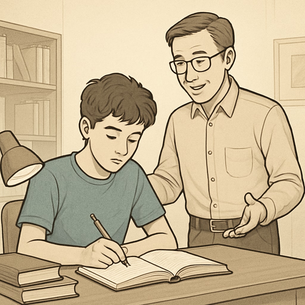 A teenager studying at a desk with a supportive parent nearby, symbolizing academic encouragement. Teen studying with a supportive parent, emphasizing academic motivation.