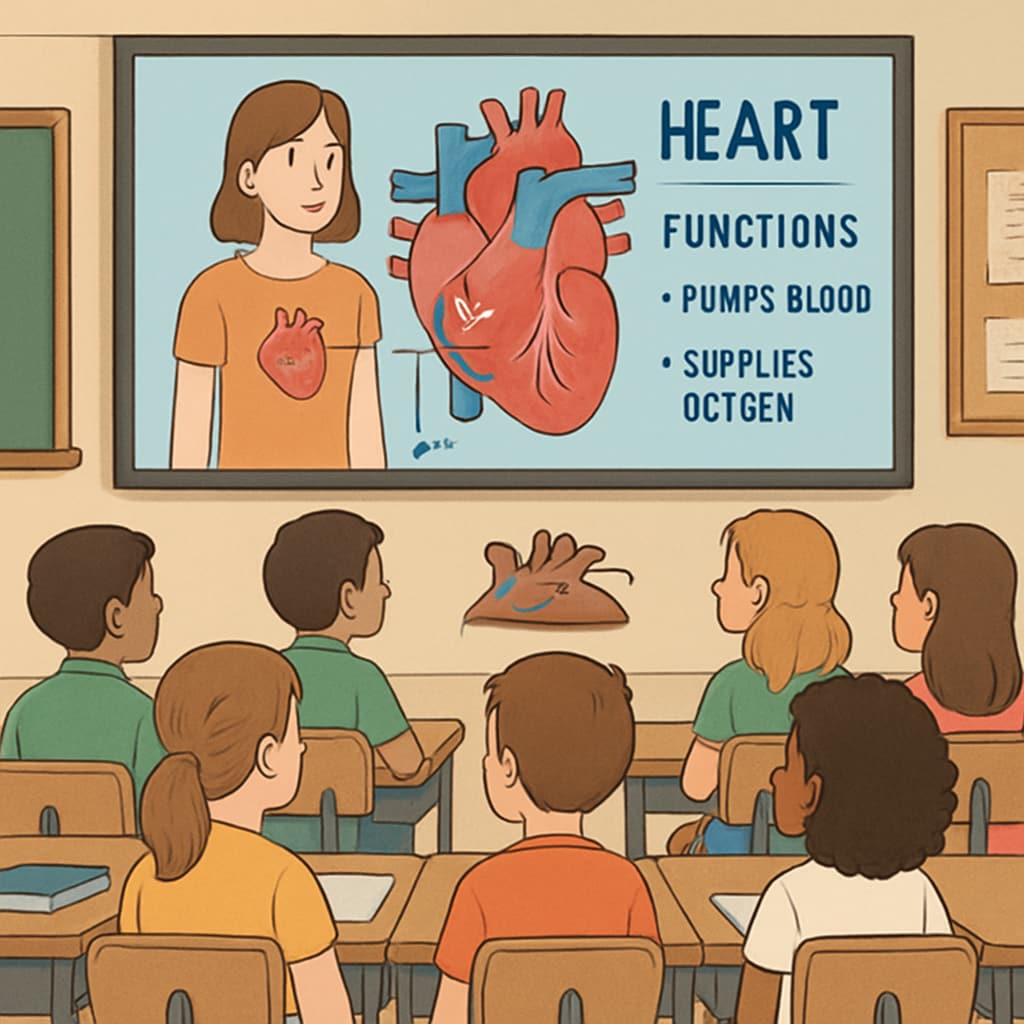 A classroom of K12 students watching an animated video about the human heart and its functions. K12 students learning about cardiology through an animated video in class.