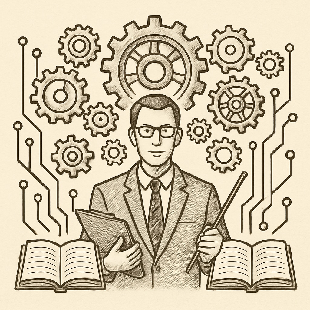 A conceptual image showing a teacher surrounded by gears, circuits, and books to symbolize the integration of education and engineering. Teacher with gears, circuits, and books representing dual degrees in education and engineering.