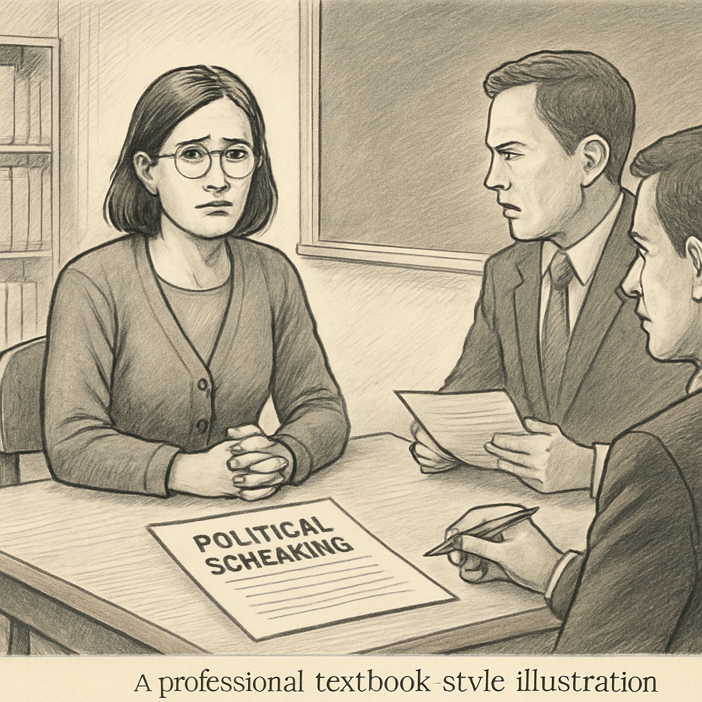 A teacher being interviewed, with visible documents labeled 'political screening' on the table. This image symbolizes the scrutiny faced by applicants under the new policy. Teacher interview with political screening documents on the table.