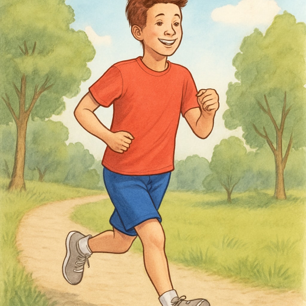 A smiling teen jogging outdoors, promoting physical activity and a balanced lifestyle. Teen jogging outdoors, symbolizing healthy habits and physical activity.