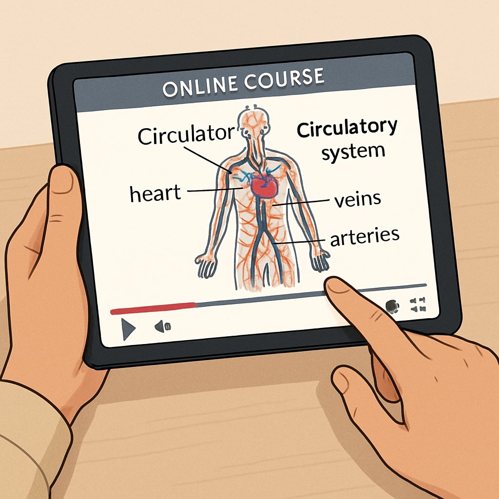 A close-up of a student using a tablet to view an online course on the circulatory system. A student accessing an online cardiology course on a tablet.