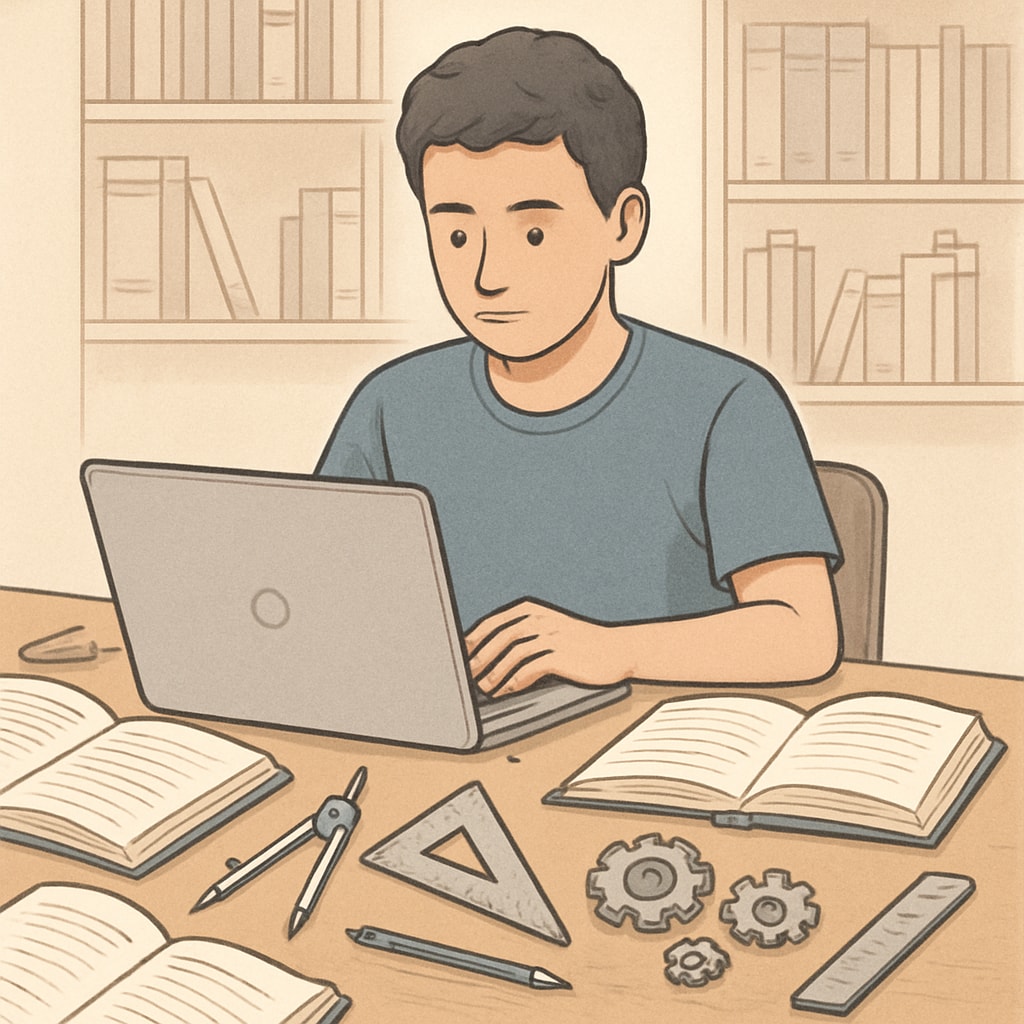 A student working on a laptop surrounded by books and engineering tools, representing dual-degree studies in education and engineering. Student with laptop, books, and engineering tools for dual-degree studies.