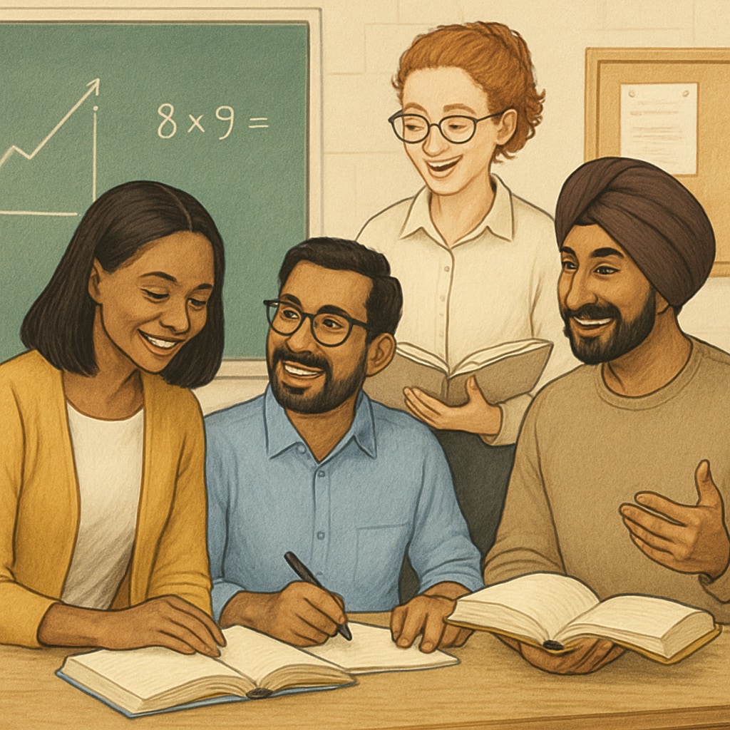 A group of diverse teachers in a classroom setting, symbolizing unity and diversity in education. The image represents the value of diverse perspectives in the teaching profession. Diverse group of teachers in a classroom setting.