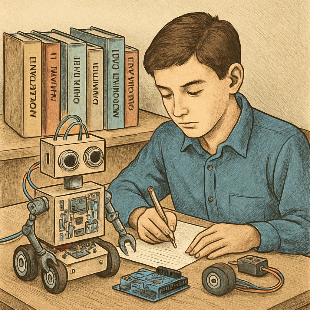 A high school student working on a robotics project while surrounded by books about education theory. This image emphasizes the connection between technical and educational disciplines. High school student combining robotics and education theory for interdisciplinary learning.