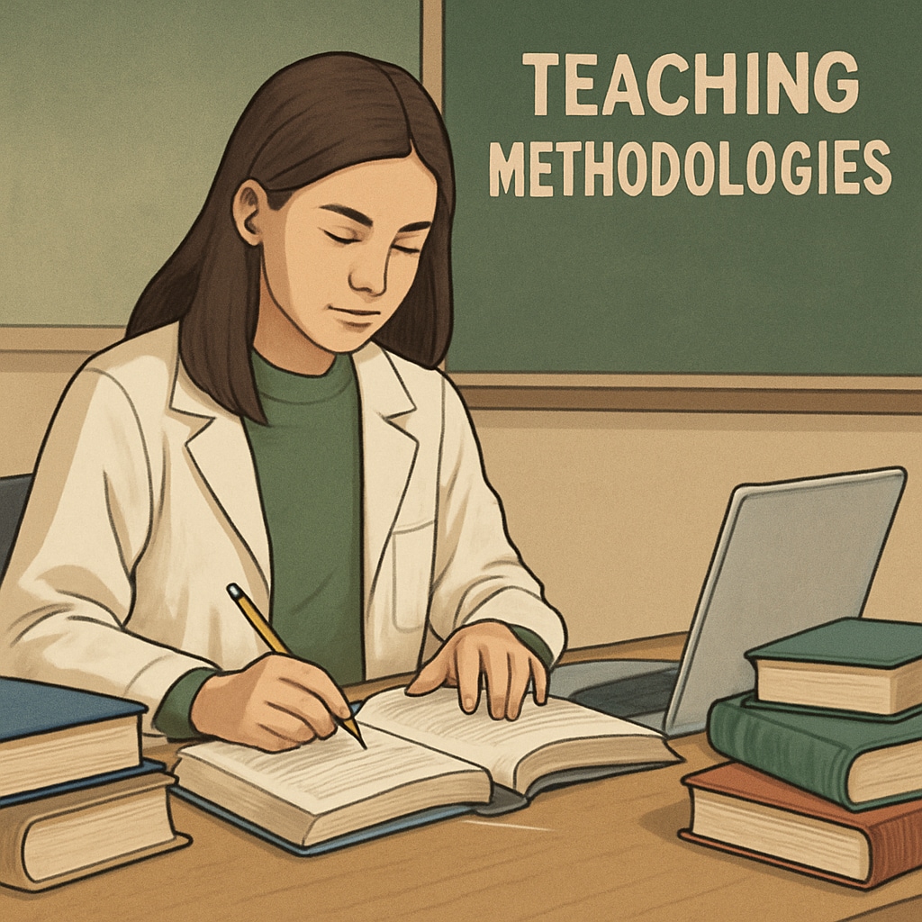 A biology graduate studying teaching methodologies with books and a laptop, symbolizing the transition to education. Biology graduate preparing for a Master’s in Education.