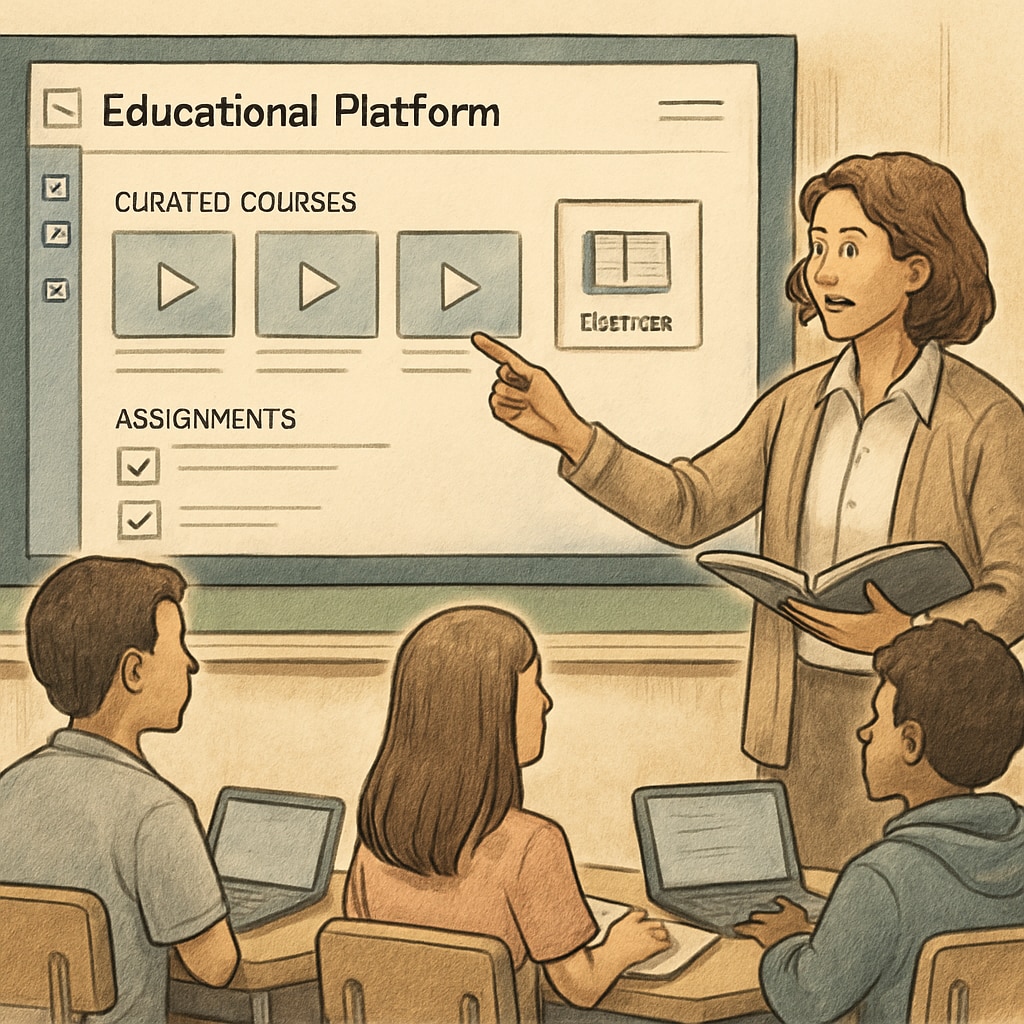 A teacher showing students how to use a curated educational platform. Teacher guiding students on a curated educational platform to bypass content restrictions.