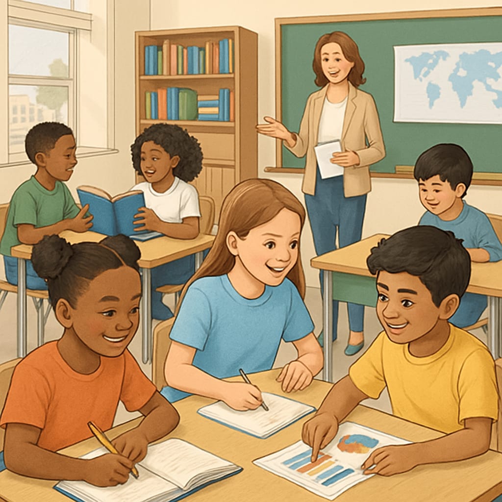 A diverse classroom with students engaging in collaborative learning, representing the goal of equitable education. Diverse students learning in an inclusive classroom.