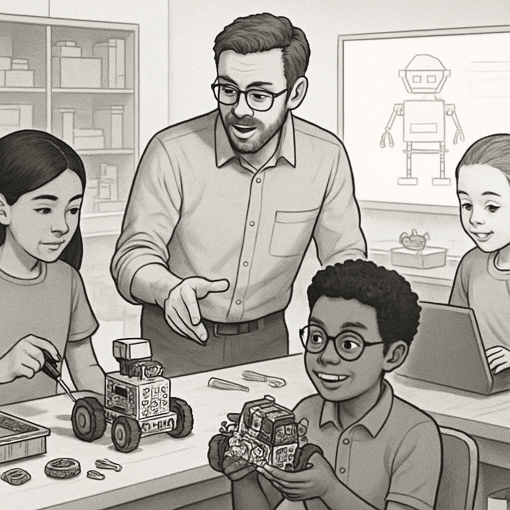A classroom with students engaging in a robotics workshop led by a teacher with expertise in engineering. This image highlights practical applications of dual expertise in education and technology. Classroom robotics workshop demonstrating the fusion of education and engineering.